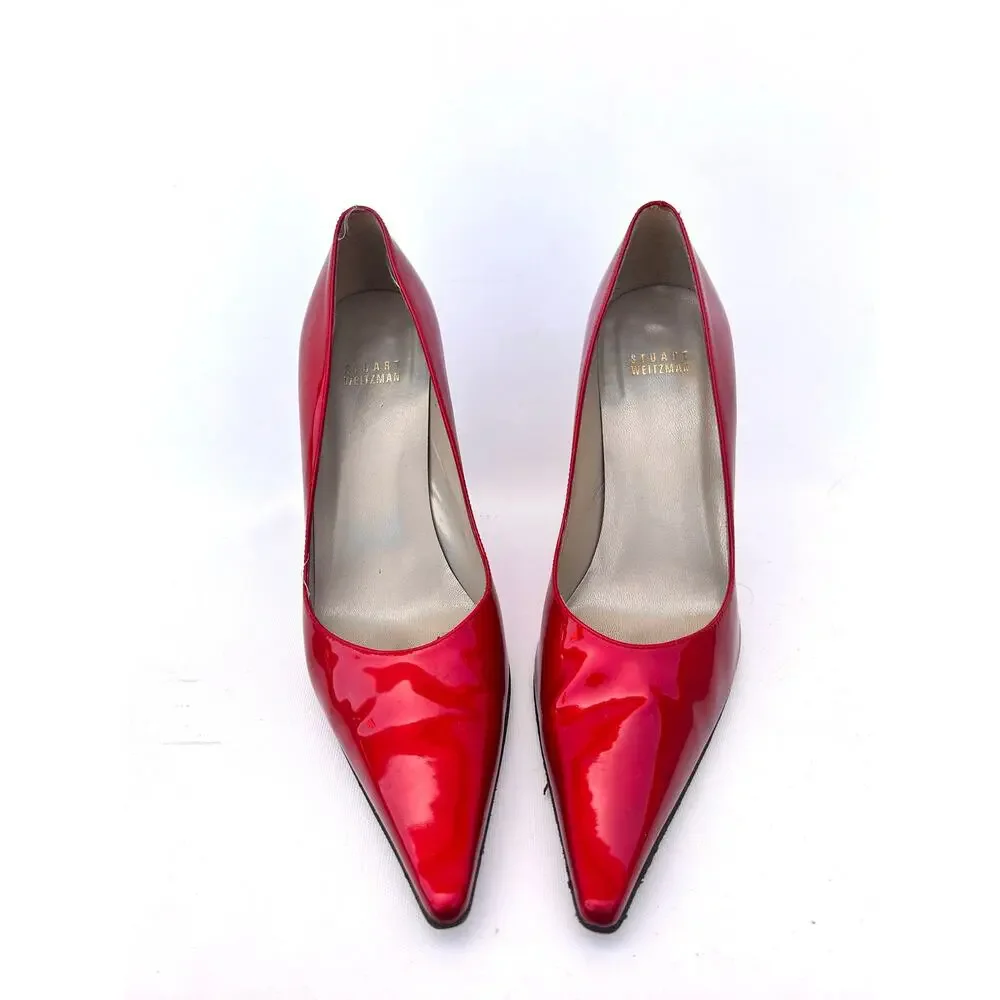 Stuart Weitzman Cherry Red Patent Leather Pointed Toe Heels Stilettos 8.5 Pumps